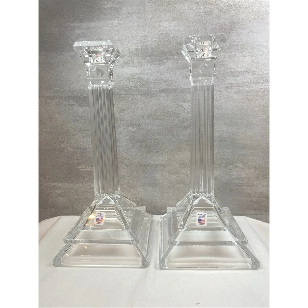 Towle Crystal 10” Georgian Candlestick Holders Pillar Style New In Box